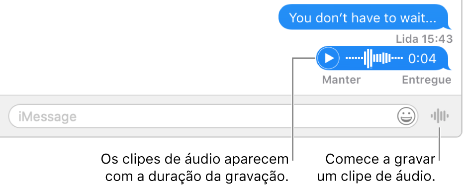 Uma conversa na janela do Mensagens, com o botão “Enviar Mensagem de Voz” exibido ao lado do campo de texto na parte inferior da janela.