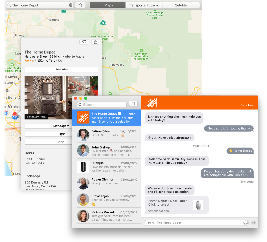 Um resultado de busca no Mapas por uma empresa que usa o Chat de Negócios e a conversa resultante na janela do app Mensagens.