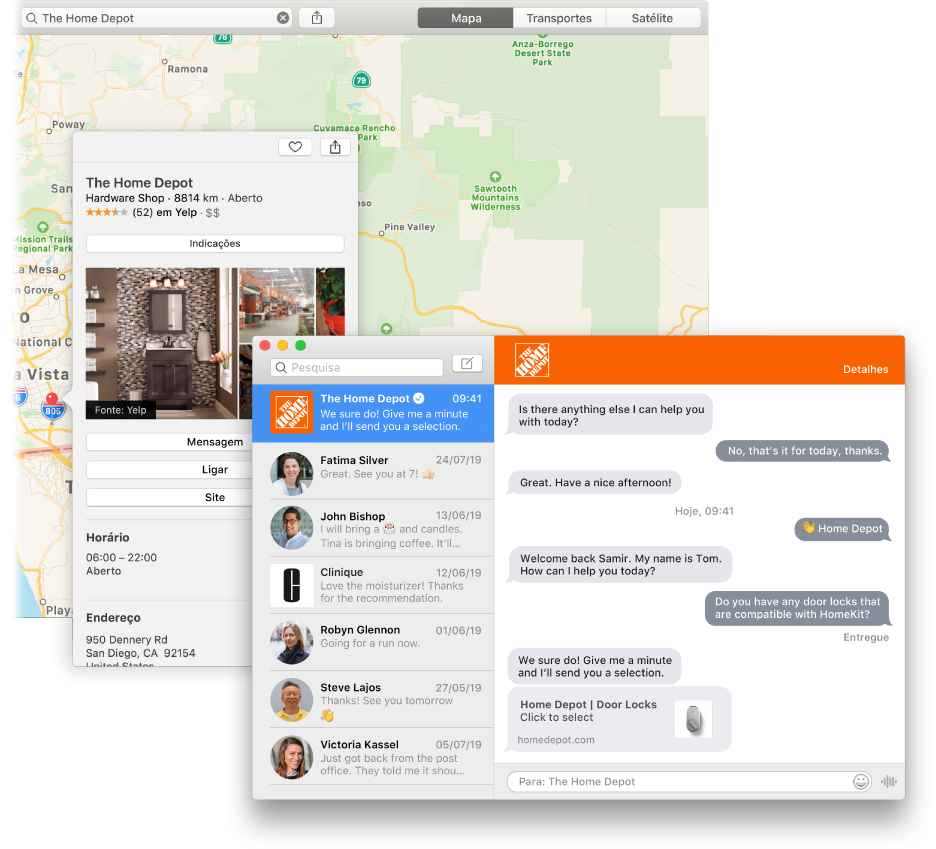 Um resultado de pesquisa na aplicação Mapas por uma empresa que usa a conversa profissional e a conversa subsequente na janela da aplicação Mensagens.