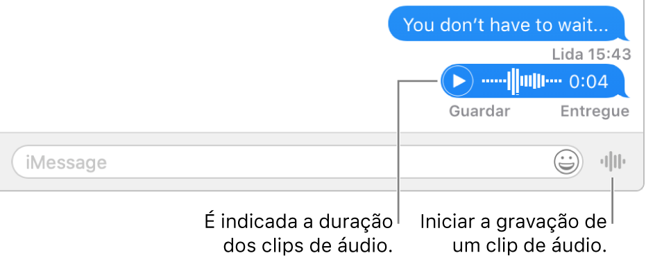 Uma conversa na janela da aplicação Mensagens a mostrar o botão “Enviar mensagem de voz” junto ao campo de texto na parte inferior da janela.