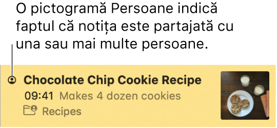 Notița cu o pictogramă de tip Persoane la stânga titlului arată faptul că notița este partajată cu una sau mai multe persoane.