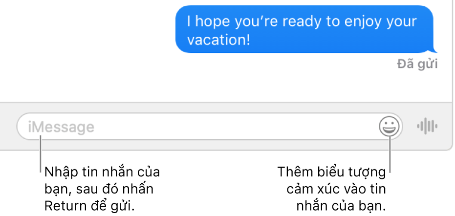 Một cuộc hội thoại trong cửa sổ Tin nhắn, với trường văn bản đang hiển thị ở cuối cửa sổ.