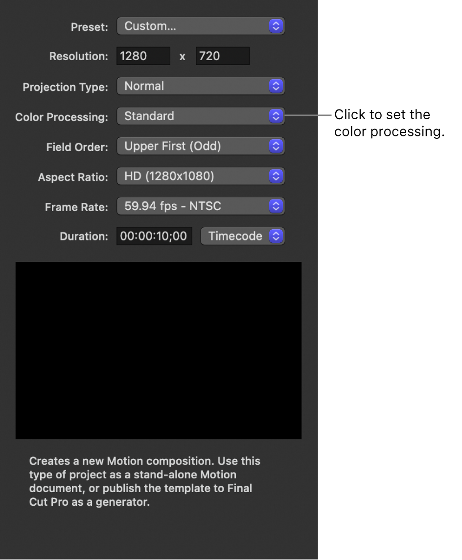 Project Browser showing the Color Processing pop-up menu