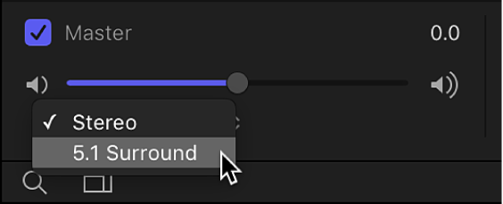 Audio list showing the output channel pop-up menu in the Master audio track area