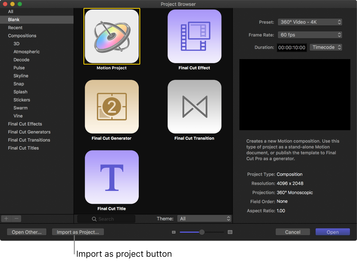 Import as project button in the Project Browser