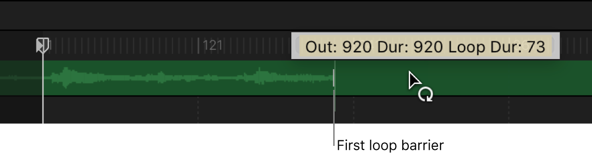 Línea de tiempo con una pista de audio a la que se le está aplicando un bucle