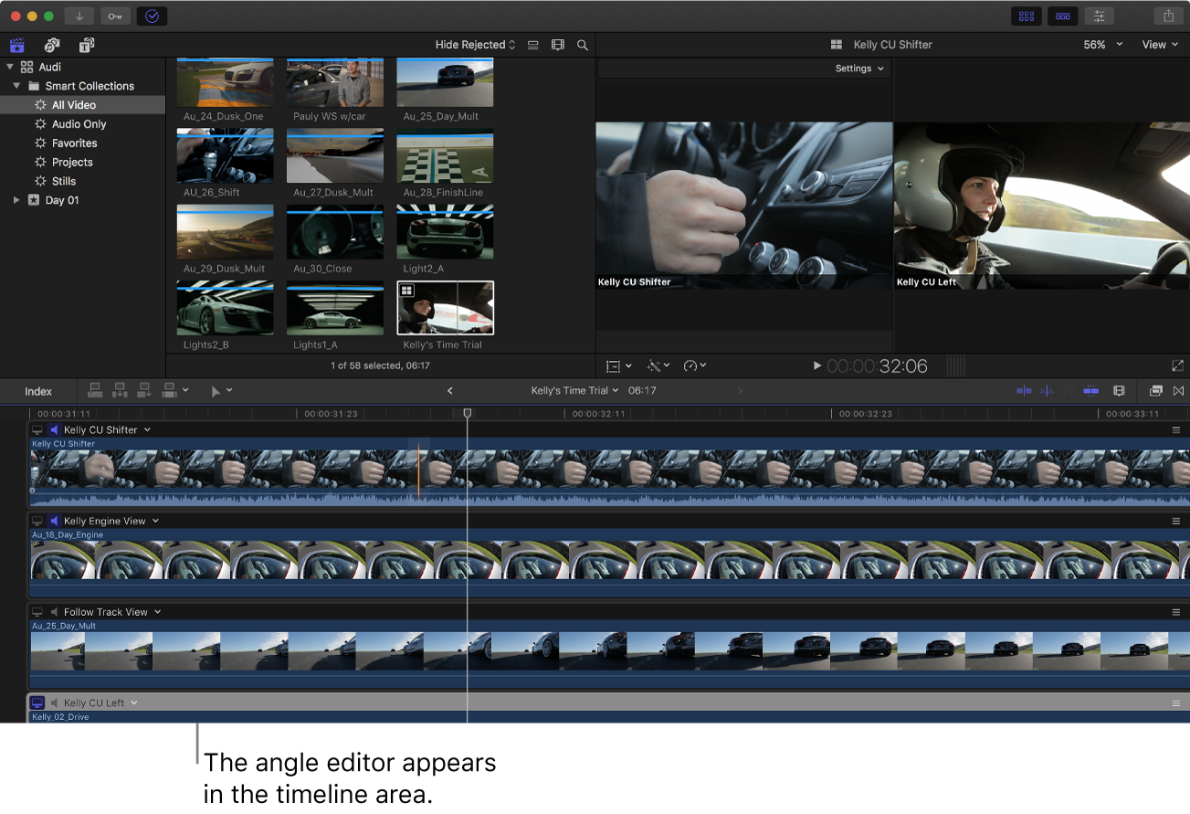 Das Fenster von Final Cut Pro mit Kamera-Editor im Timeline-Bereich