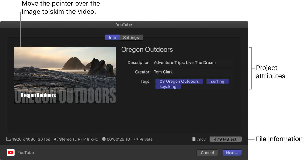 The Info pane of the Share window for the YouTube destination