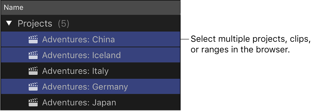 Multiple projects selected in the browser