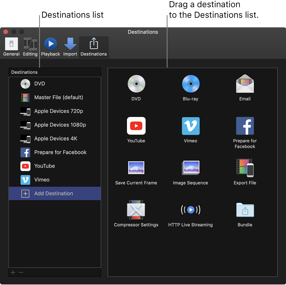 The Destinations pane of the Preferences window showing Add Destination selected in the list on the left