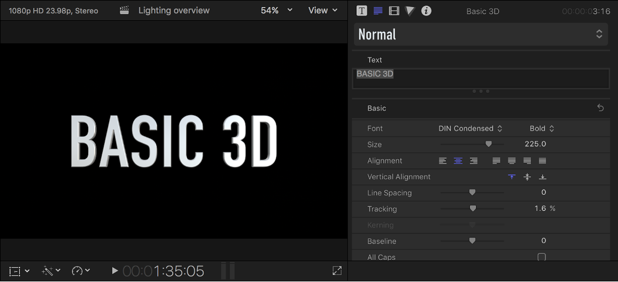 Un título 3D en el visor con los ajustes por omisión mostrados en el inspector de texto