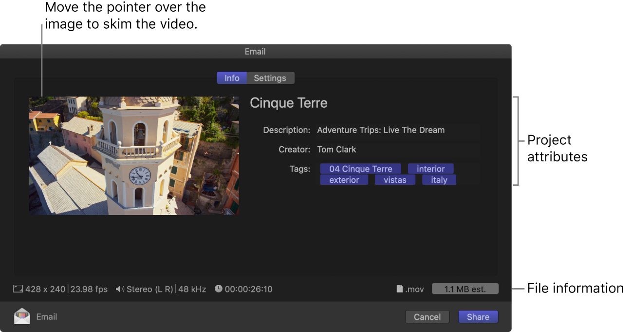 「メール」出力先を選択したときの「共有」ウインドウの「情報」パネル