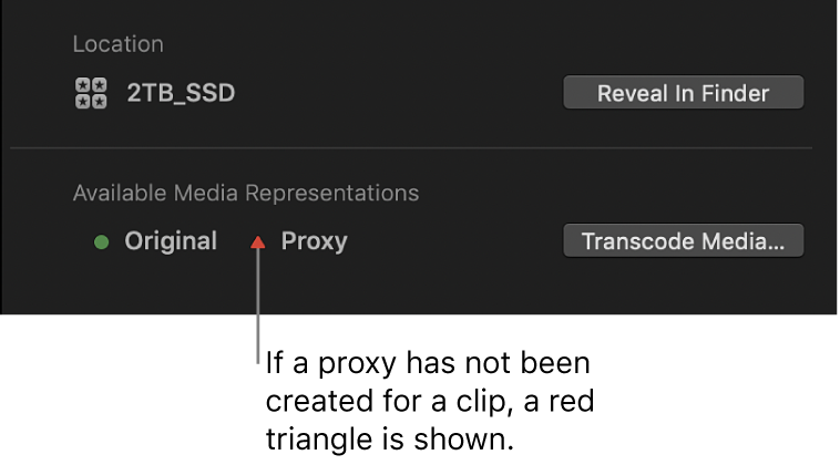信息检查器，红色三角形表示所选片段没有代理文件