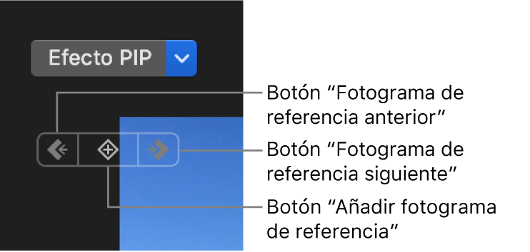 Botones “Fotograma de referencia anterior”, “Fotograma de referencia siguiente” y “Eliminar fotograma de referencia” en el visor