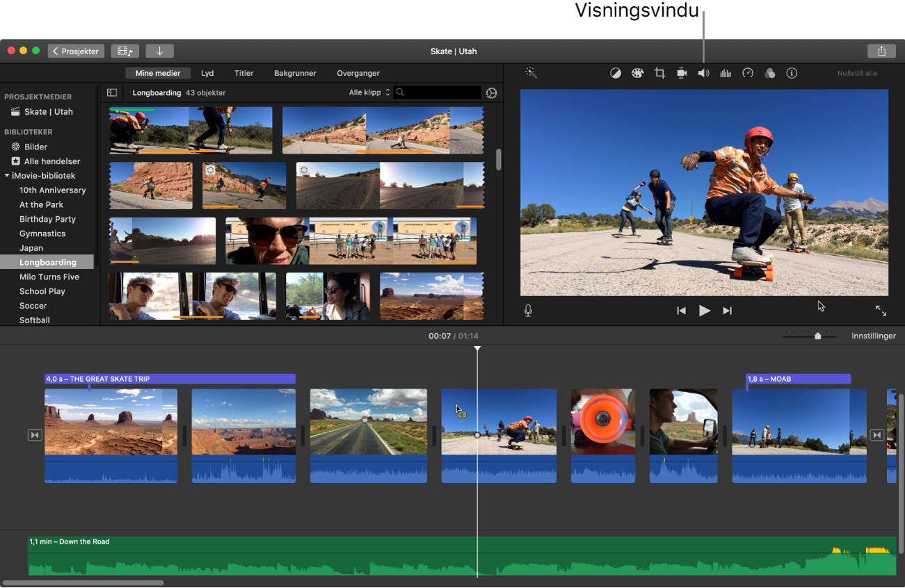Hovedvinduet for iMovie, med visningsvinduet til høyre over tidslinjen