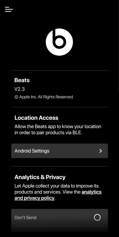 Beats app settings showing Beats app version, Location Access settings and Analytics and Privacy settings