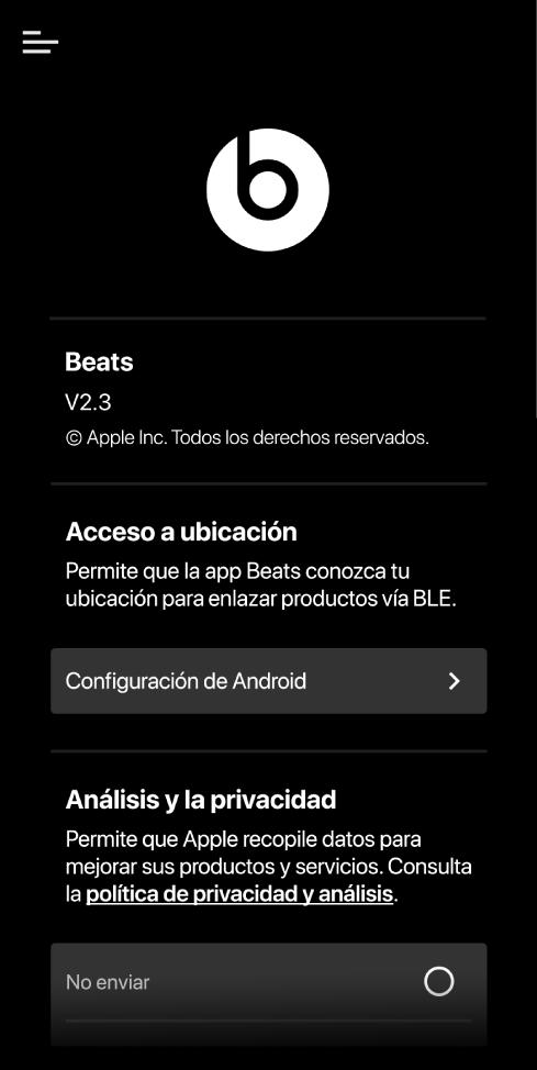 Configuración de la app Beats mostrando la versión de la app y configuración de acceso a la ubicación y de privacidad y análisis
