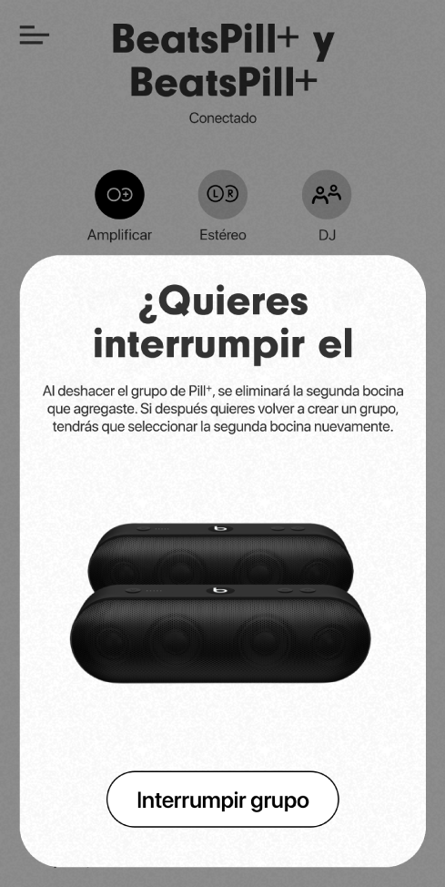 App Beats mostrando la tarjeta “Interrumpir grupo”