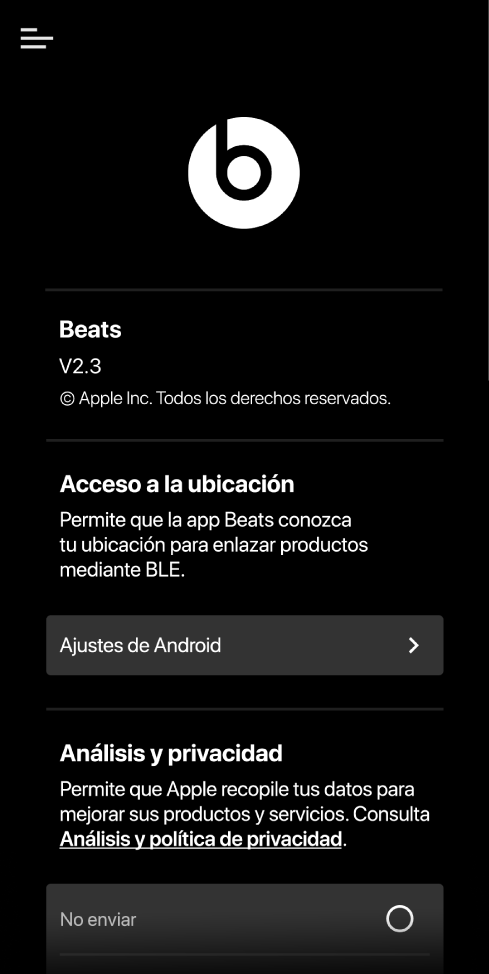Pantalla de ajustes de la app Beats, con la versión de la app Beats y los ajustes de “Acceso a la ubicación” y “Análisis y privacidad”