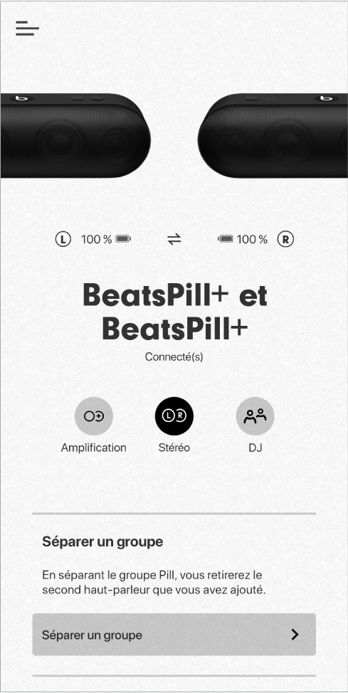 Écran de l’app Beats en mode Stéréo