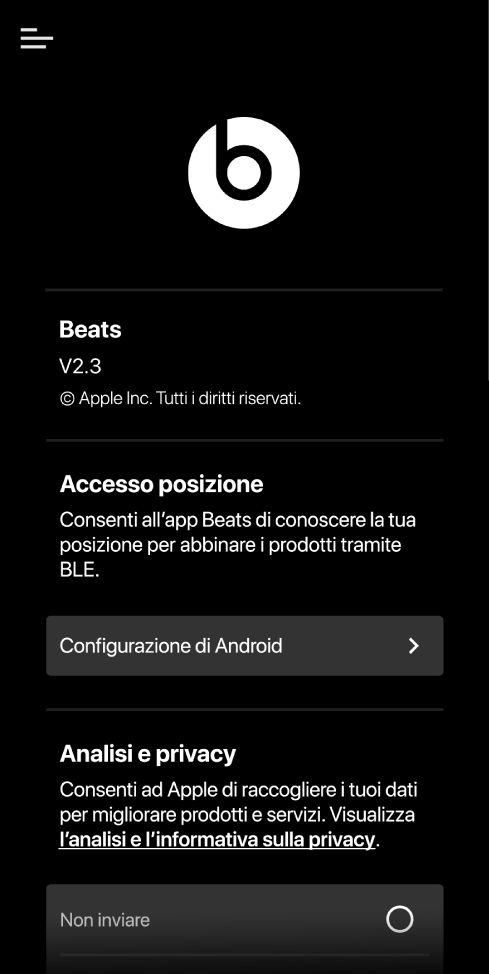 Impostazioni dell'app Beats che mostrano la versione di Beats, le impostazioni di accesso alla posizione e le impostazioni di analisi e privacy