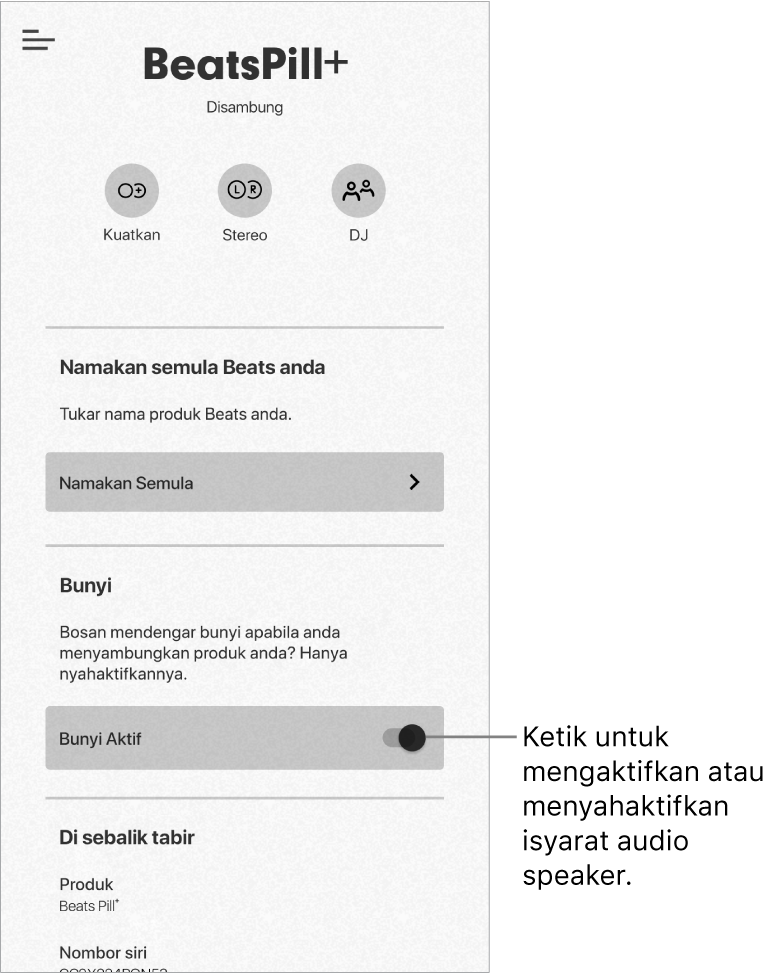 Kawalan "Bunyi" dalam skrin peranti app Beats
