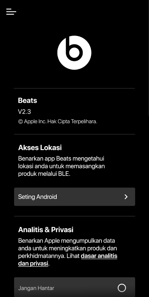 Seting app Beats menunjukkan versi app Beats, seting Akses Lokasi, serta seting Analitis dan Privasi