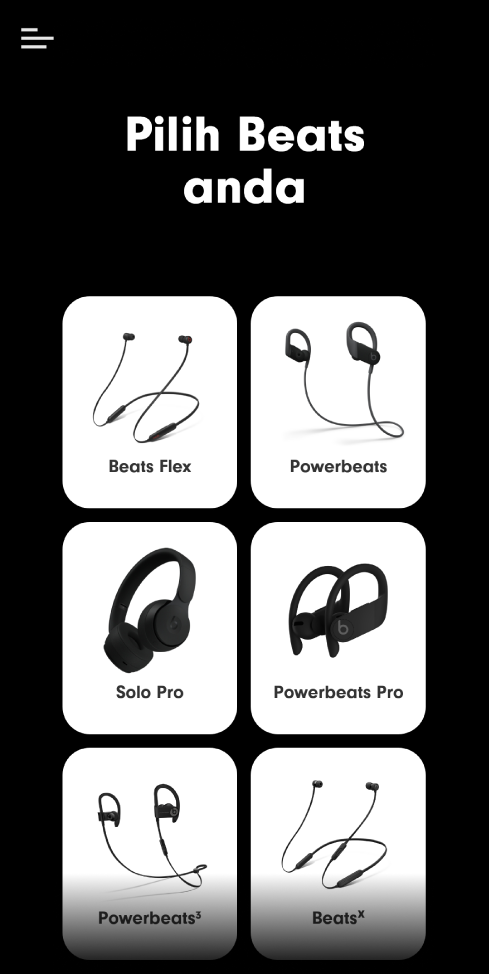 App Beats menunjukkan skrin Pilih Beats Anda