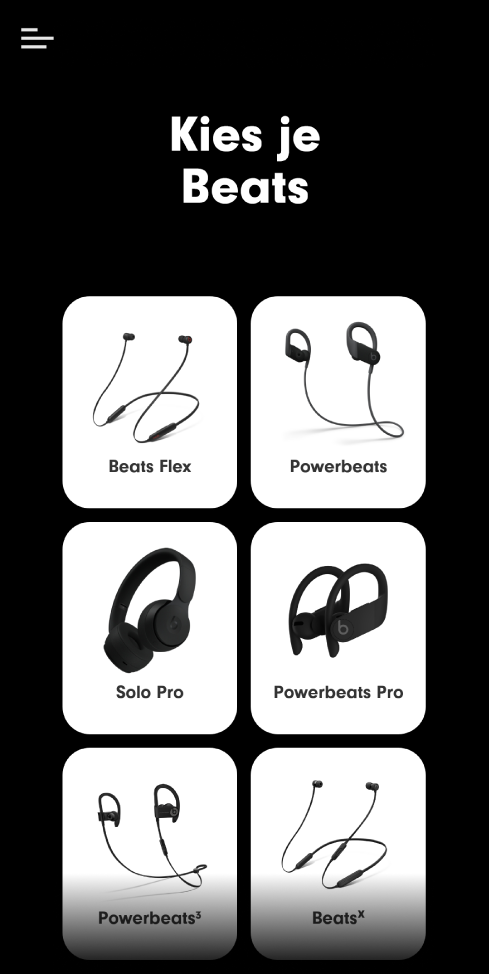 Het scherm 'Kies je Beats' met ondersteunde apparaten