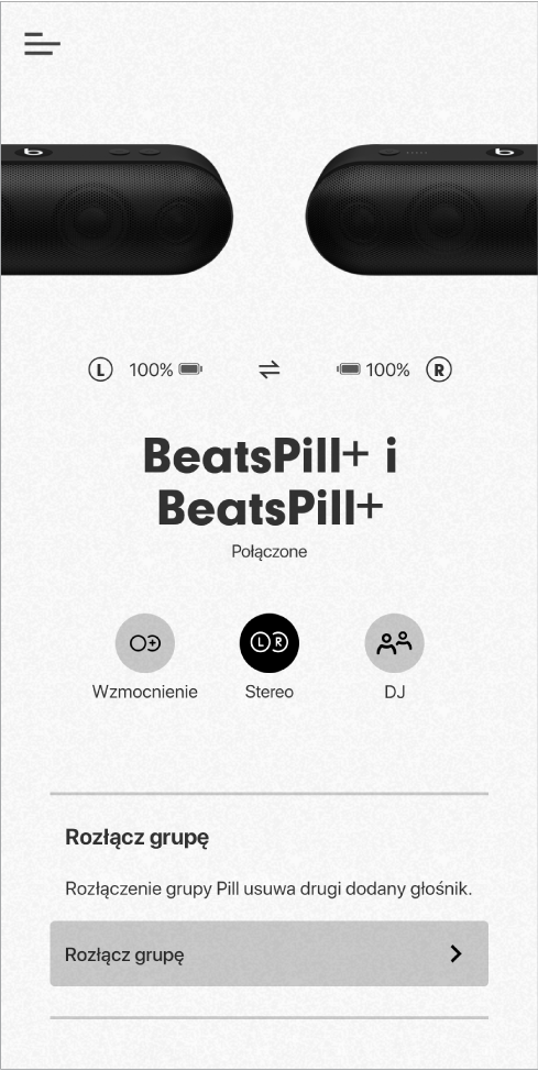 Ekran aplikacji Beats w trybie stereo