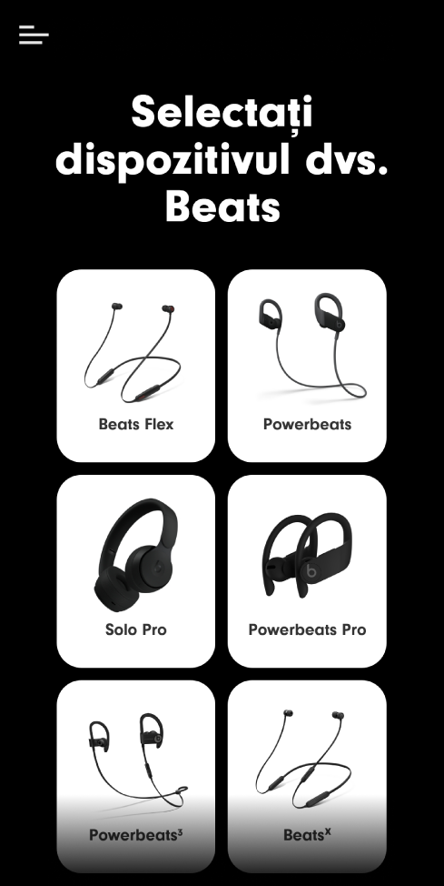 Ecranul Selectați dispozitivul dvs. Beats, afișând dispozitivele compatibile