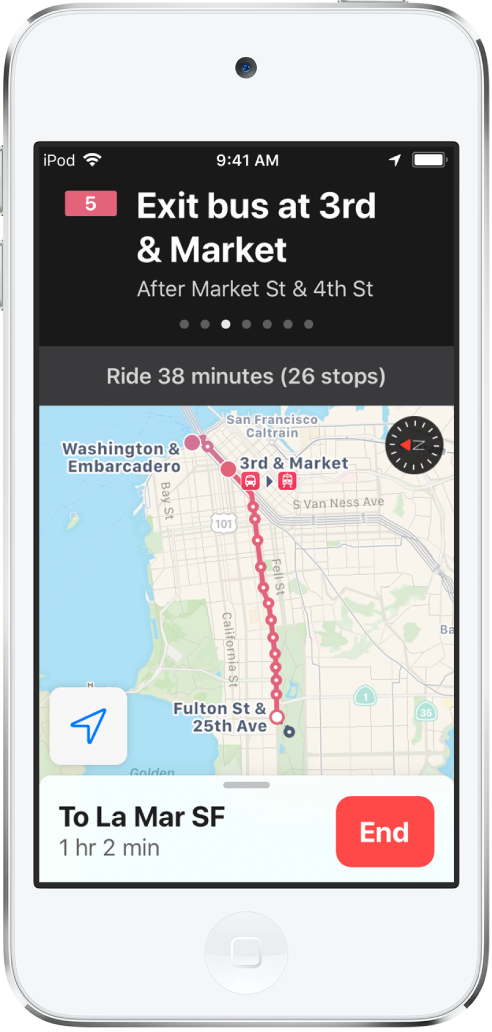 Mapa, na níž je vidět trasa veřejnou dopravou přes San Francisko. Nahoře na obrazovce se nachází karta trasy s pokynem „Vystupte z autobusu na křižovatce ulic 3. a Market“.