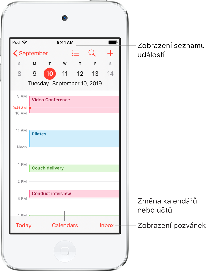 Kalendář v zobrazení dne s denními událostmi. Chcete‑li změnit kalendářové účty, klepněte na tlačítko Kalendáře v dolní části obrazovky. Klepnutím na tlačítko Příchozí vpravo dole zobrazíte pozvánky.
