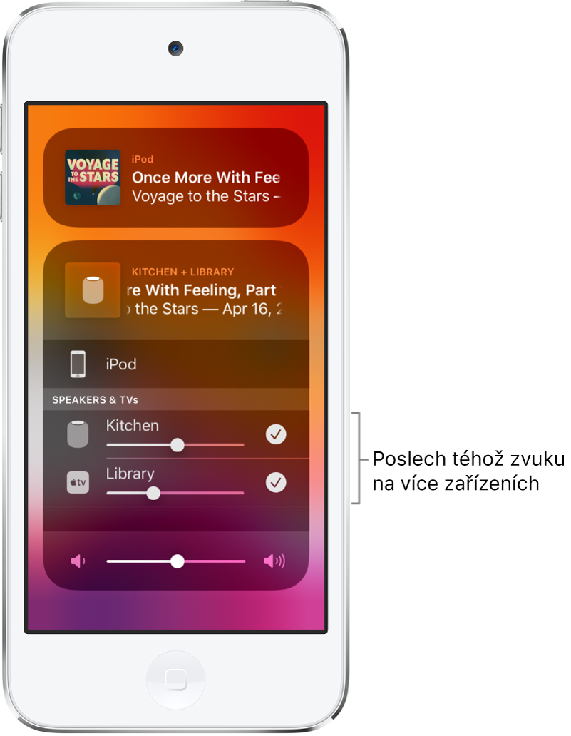 Displej iPodu touch, na kterém je jako poslechové zařízení vybrán HomePod a Apple TV