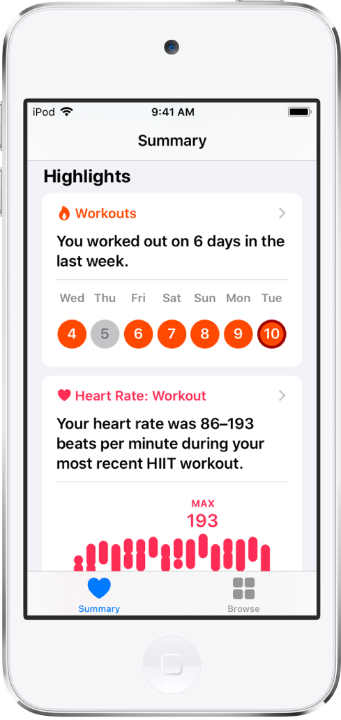 Obrazovka souhrnu v aplikaci Zdraví, na níž se jako důležité informace zobrazuje počet cvičení za minulý týden a rozsah tepové frekvence při posledním cvičení
