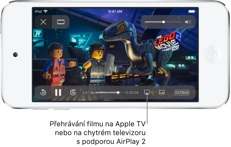Na displeji iPodu touch se přehrává film. V dolní části obrazovky jsou vidět ovládací prvky pro přehrávání, mimo jiné tlačítko Zrcadlení obrazovky vpravo dole.
