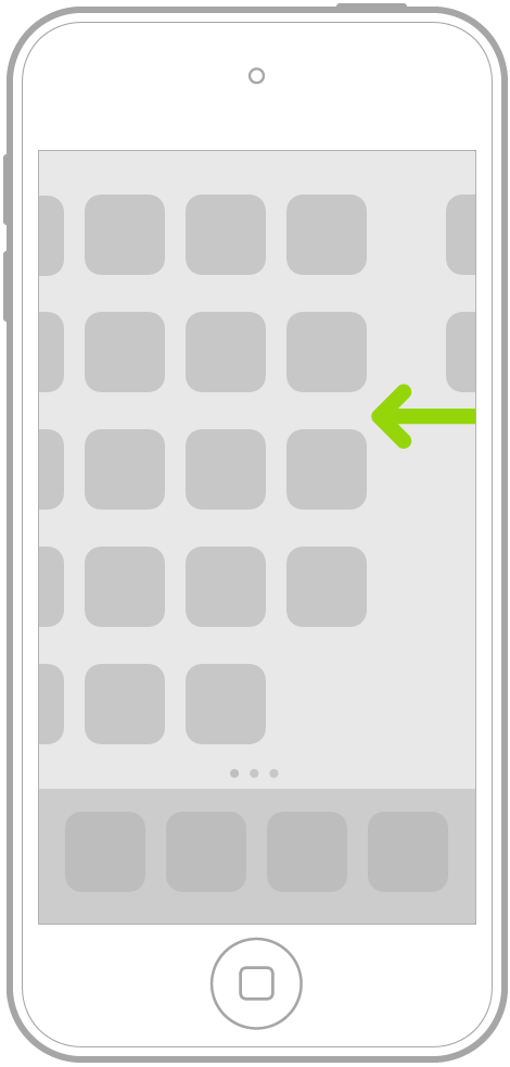 Ilustrace znázorňující listování aplikacemi na dalších stránkách plochy pomocí gesta přejetí