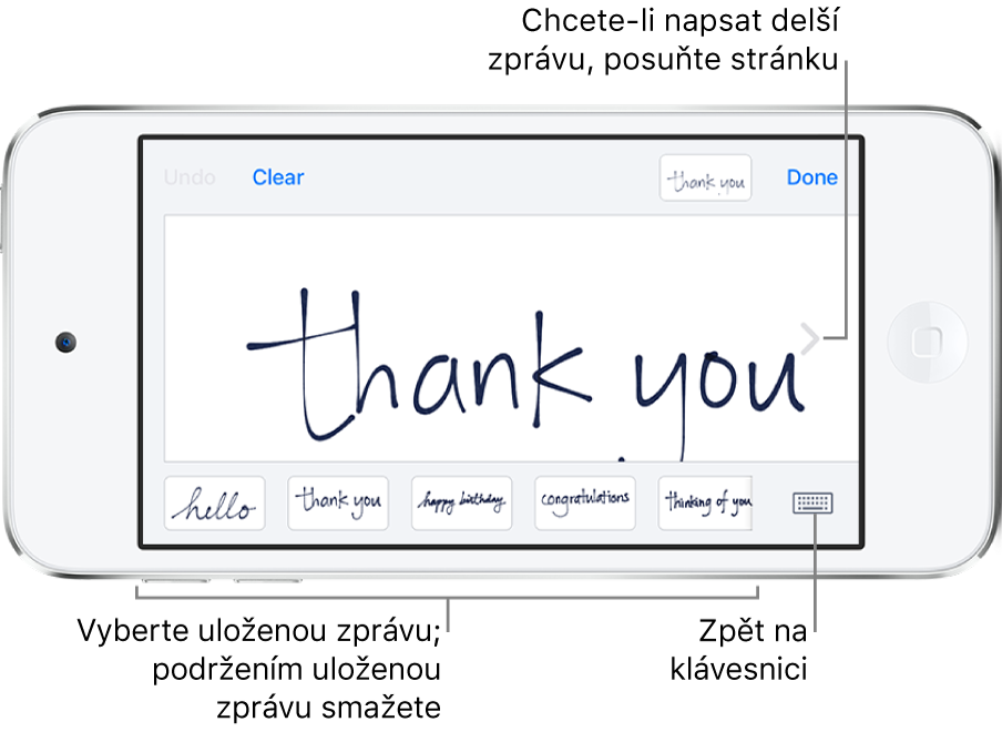 Obrazovka pro ruční psaní s ručně napsanou zprávou. Dole jsou zleva doprava rozmístěny uložené zprávy a tlačítko Zobrazit klávesnici.