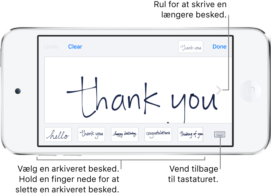 Skærmen Håndskrift med en håndskrevet besked. Langs bunden ses fra venstre mod højre gemte beskeder og knappen Vis tastatur.