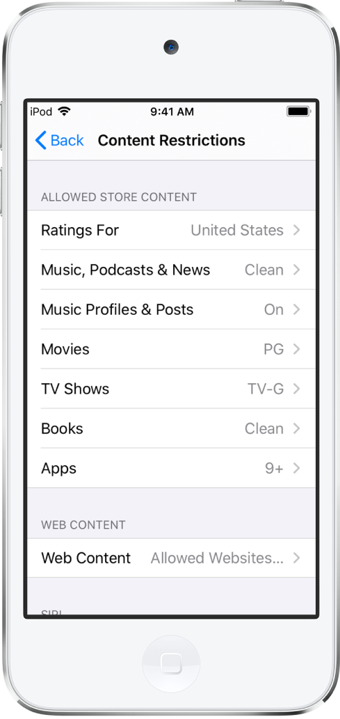 Skærmen Indholdsbegrænsninger i Skærmtid. Valgmulighederne vises fra top til bund på skærmen, og aldersgrænserne er indstillet til USA. Musik, Podcasts og Nyheder er indstillet til godkendt, Film er indstillet til PG, Tv-udsendelser er indstillet til TV-G, Bøger indstillet til godkendt, og Apps indstillet til ni plus.