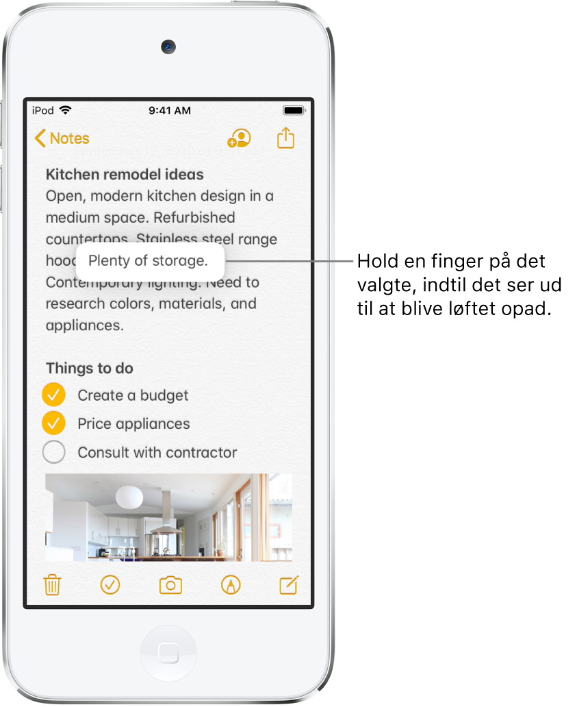 Et valgt udtryk ser ud til at blive løftet opad, fordi en bruger rører ved og holder fingeren på det valgte.
