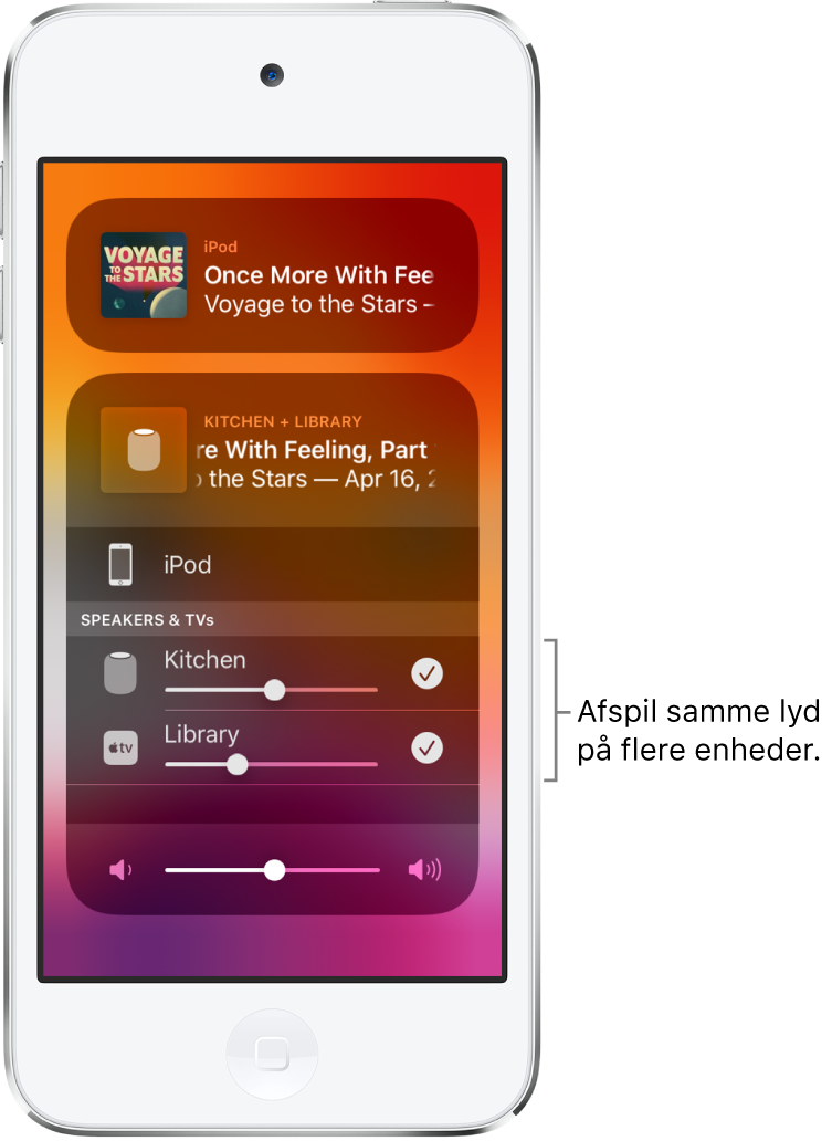 Skærmen på iPod touch, der viser HomePod og Apple TV som valgte lydmodtagere.