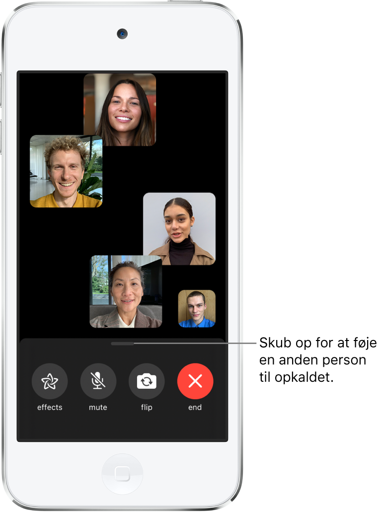 Et FaceTime-gruppeopkald med fem deltagere inklusive initiativtageren. Hver deltager vises i en brik for sig. Nederst på skærmen findes effekter, lydløs, spejlvend og slut.