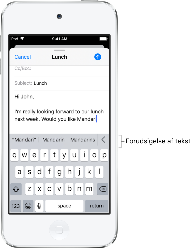 En Mail-besked, der viser de første ord i en ny besked med forslag til færdiggørelse af det næste ord.