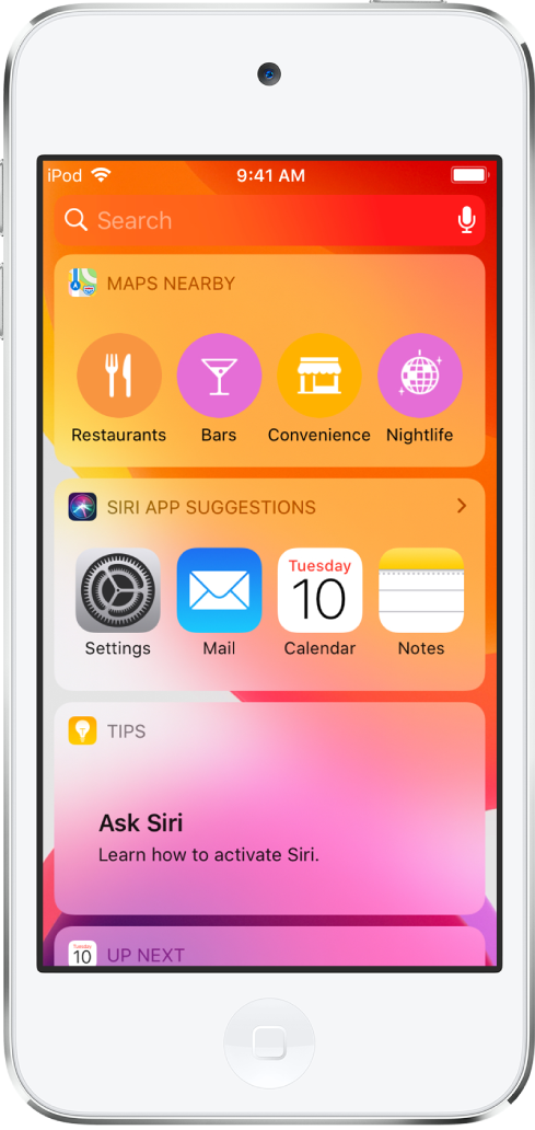 Dagsoversigt viser widgets til Kort i nærheden, Siri-forslag, Tips og Kø.