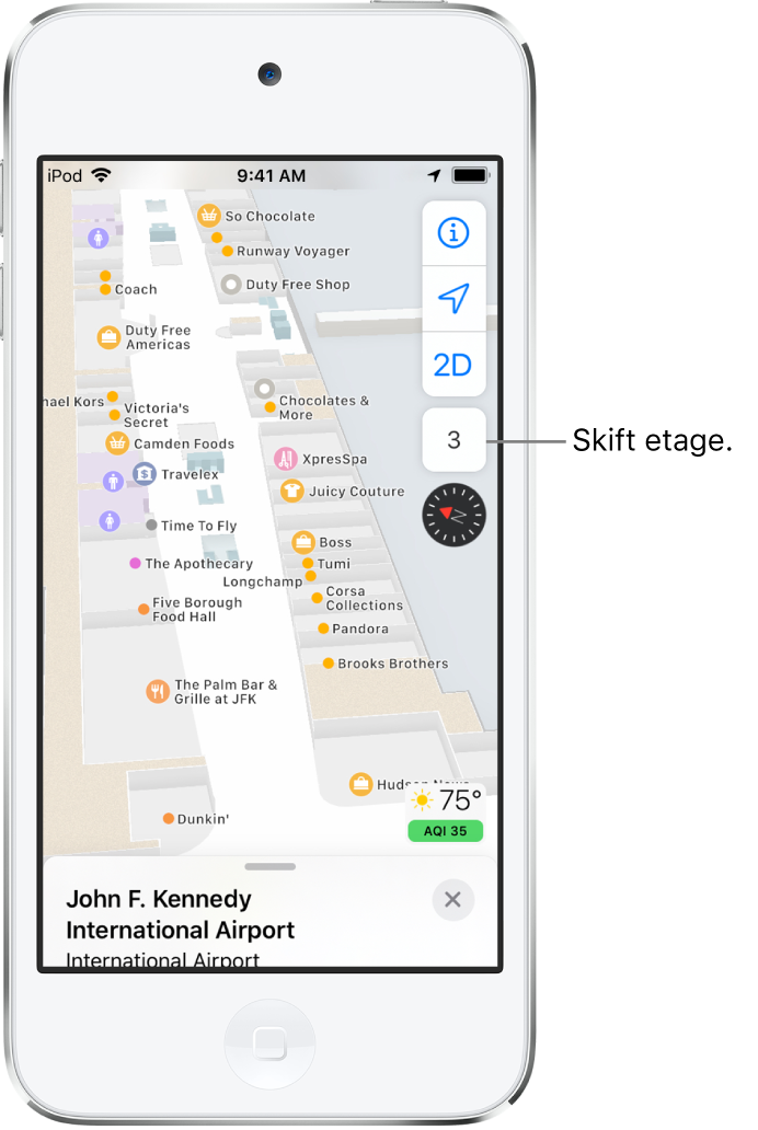 Et indendørskort over en lufthavnsterminal. Kortet viser forretninger og toiletter.