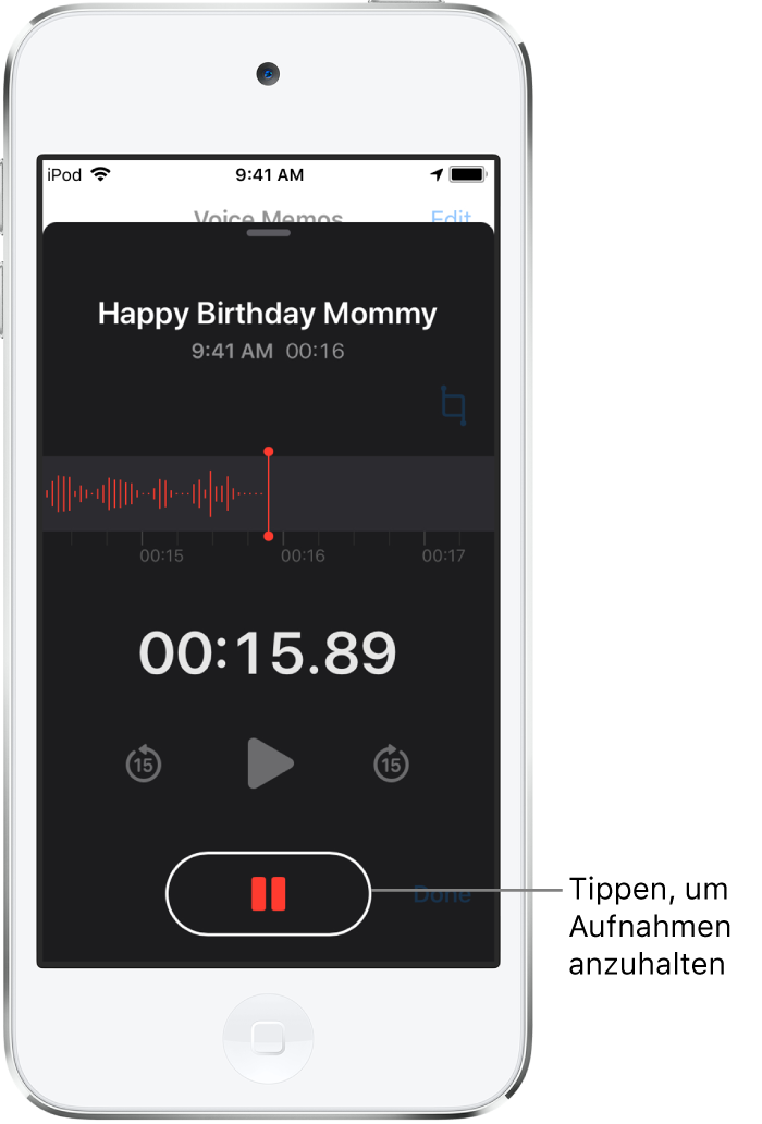 Ein Bildschirm der App „Sprachmemos“ bei laufender Aufnahme mit der aktiven Taste „Anhalten“ und den abgeblendeten Bedienelementen zum Starten der Wiedergabe, und zum Vor- und Zurückspringen um jeweils 15 Sekunden. Den meisten Raum nehmen die Wellenform der laufenden Aufnahme und die Zeitanzeige ein.