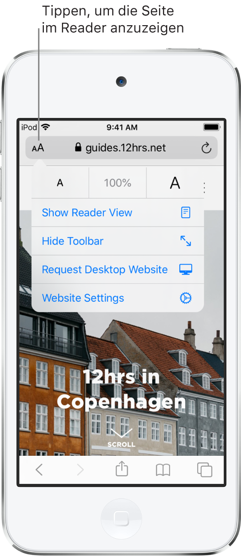 Das Adressfeld in Safari mit der Taste „Reader“ links.