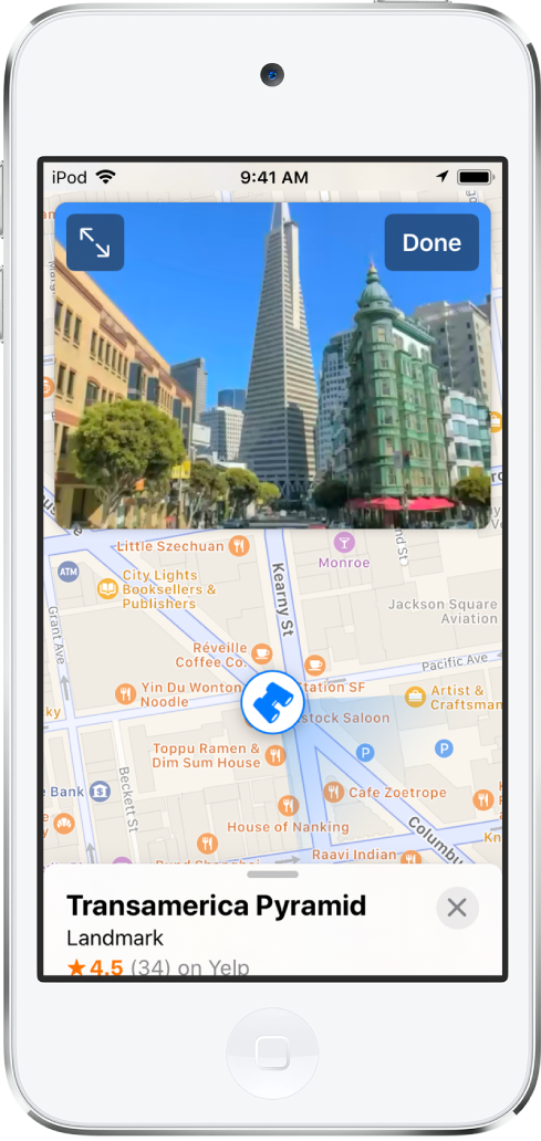 Die Ansicht „Umsehen“ in der App „Karten“ mit einer Straße, die zum Transamerica-Gebäude führt