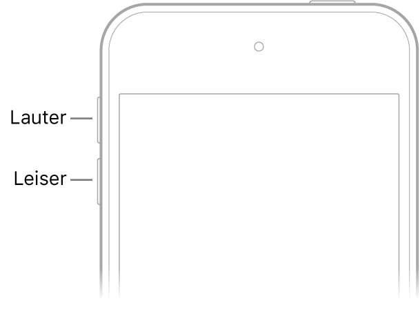 Oberer Teil der iPhone-Vorderseite mit den Lautstärketasten „Lauter“ und „Leiser“ oben links.